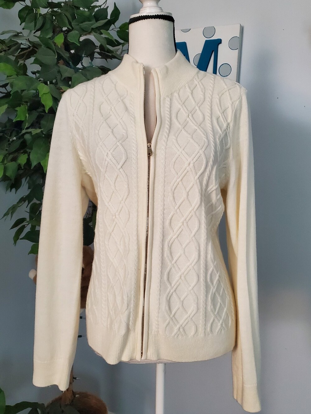TALBOTS Ivory Lambswool Blend Cable Knit Zip Cardigan LP